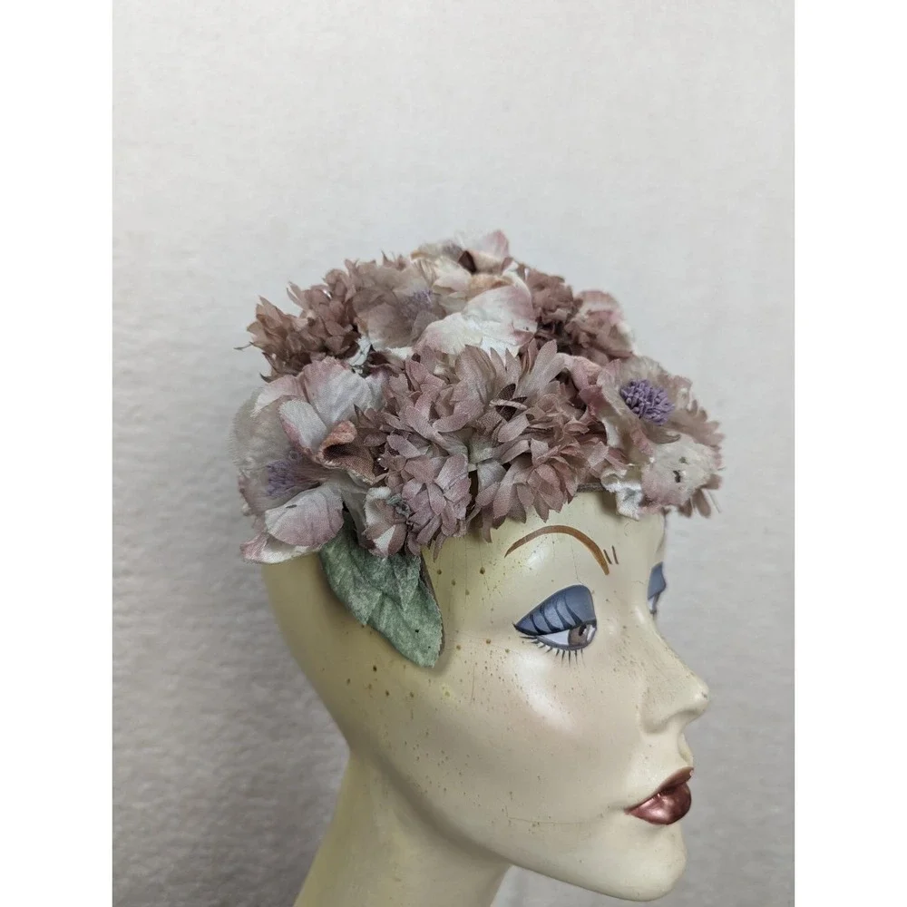Vtg 1960s Floral‎ Half Hat Purple Lavender Japan Gorgeous Wedding Flowers Mod